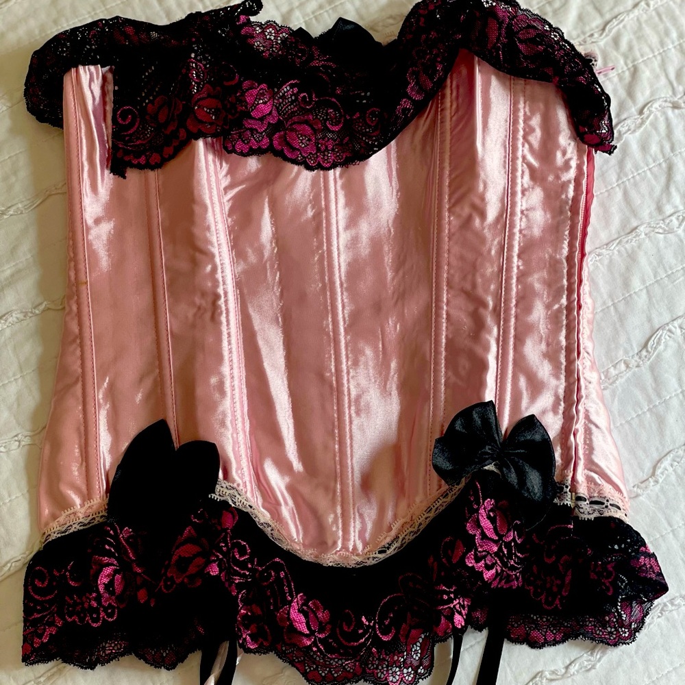 Pink Satin Burlesque Corset w/garter straps